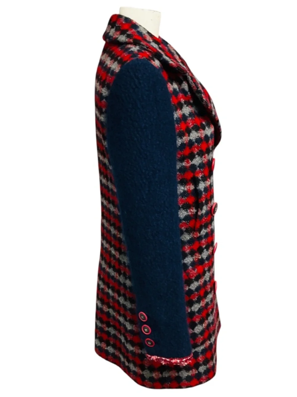 CHANEL RED / NAVY BLUE MULTI 2017 DOUBLE BREASTED WOOL TWEED COAT WITH CC LOGO B
